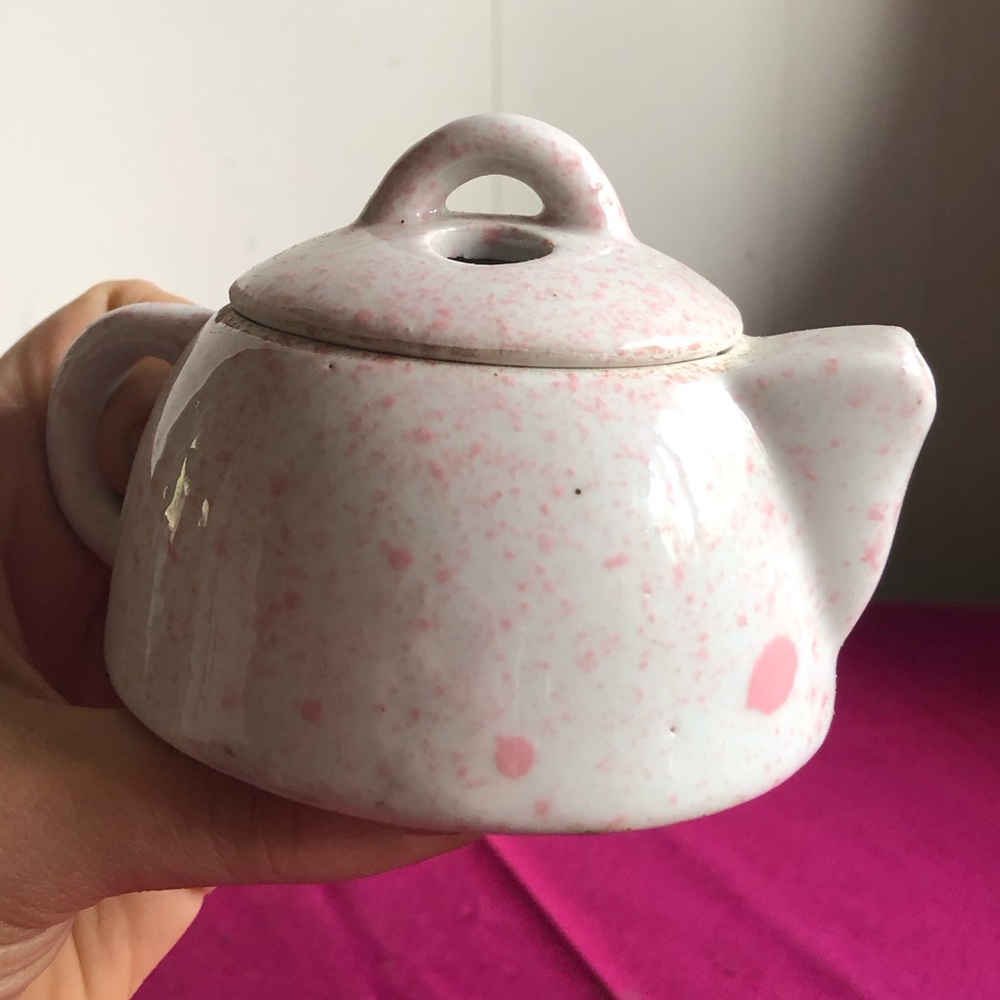 Speckled Pink White Ceramic Tea Pot Vintage Miniature Coffee Kettle 2” Tall